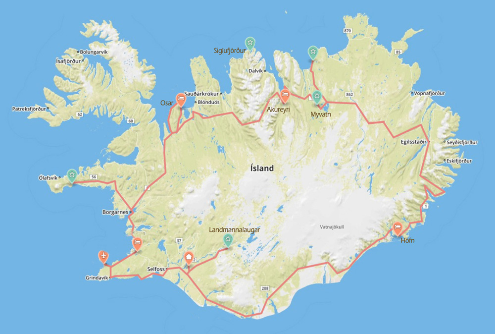 Island-Roadtrip, Karte mit Route