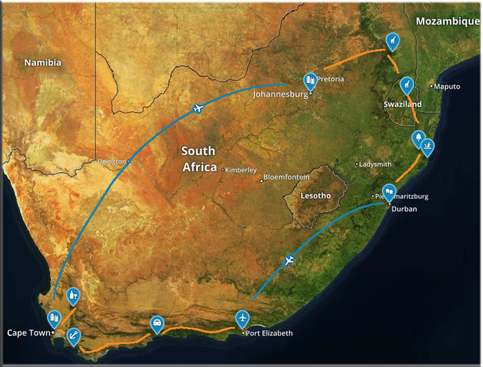Südafrika Rundreise - Karte der Route