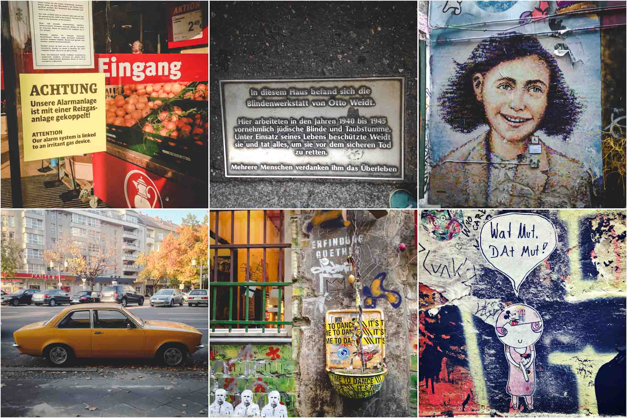 Streetart, Gedenkschilder und Warnungen in Berlin-Mitte - Collage