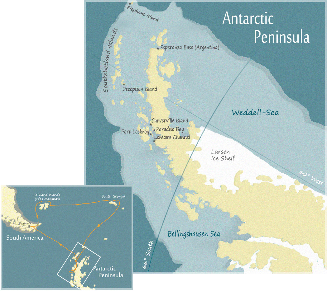Karte Antarktis Reise mit dem Schiff - die Route