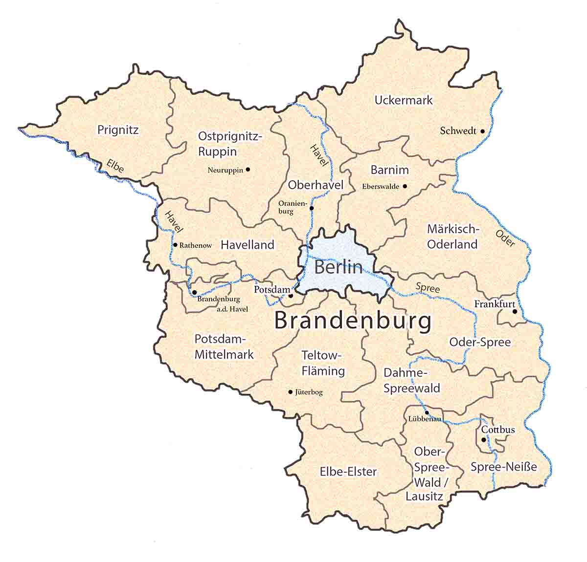 Karte von Brandenburg mit Landkreisen und Städten